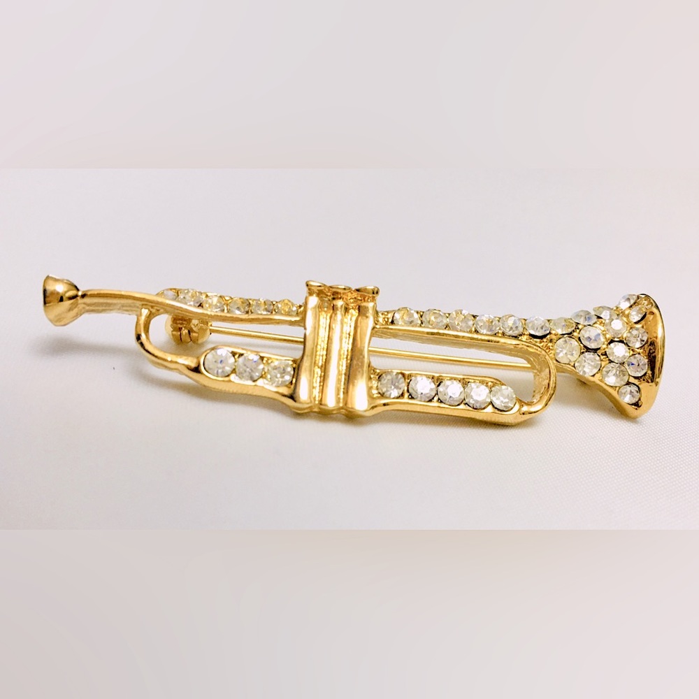 Gold Rhinestone Trumpet Brooch - Picture 1 of 5